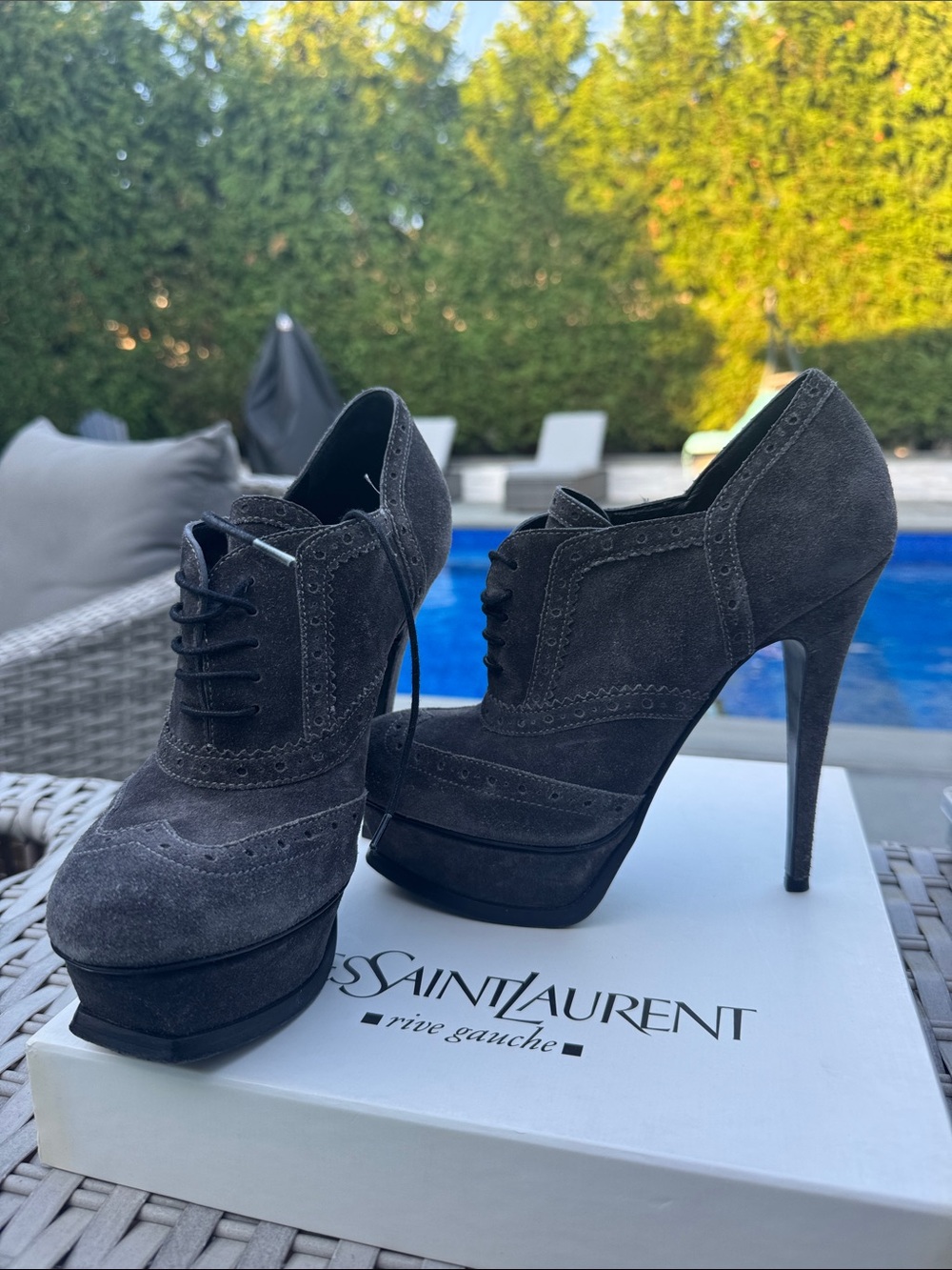 YVES SAINT LAURENT grey tribute richel light suede laceup ankle boots 37